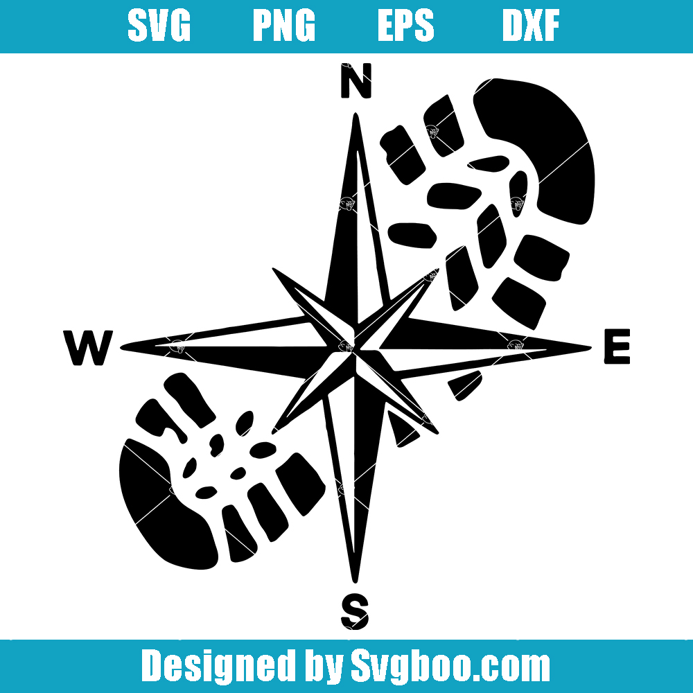 Compass Star Svg, Shoe Print with Compass Svg, Adventure Svg