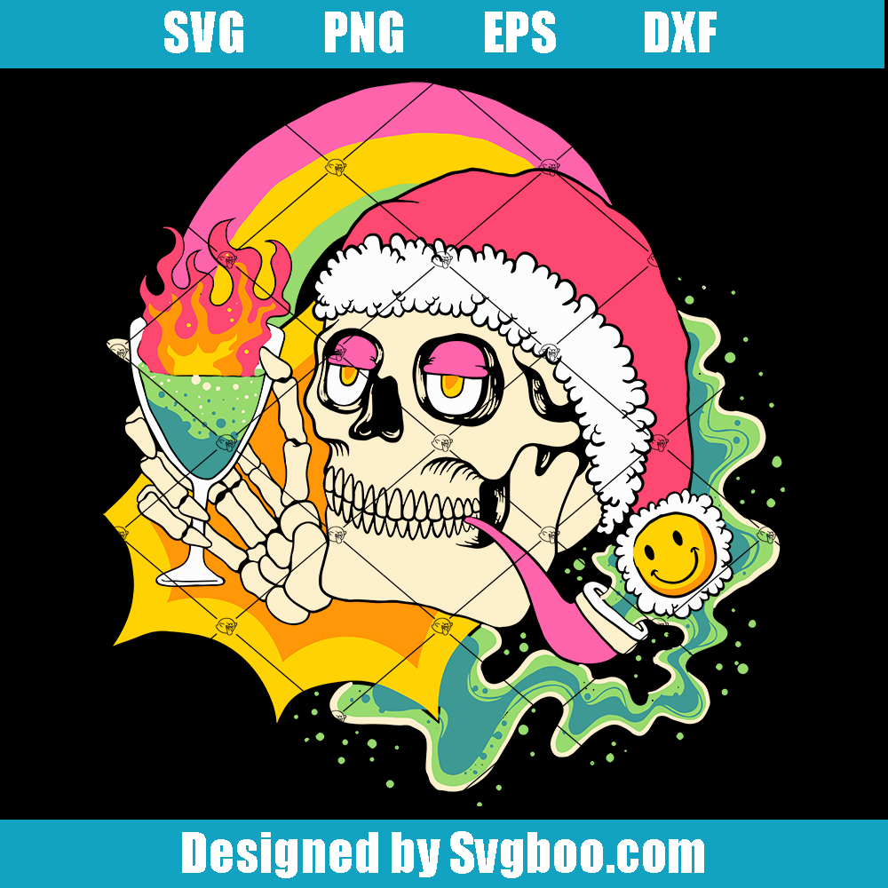 Rainbow Skull Christmas Party Coctail Svg, Funny Santa Skull Svg Rainbow Skull Christmas Party Coctail Svg