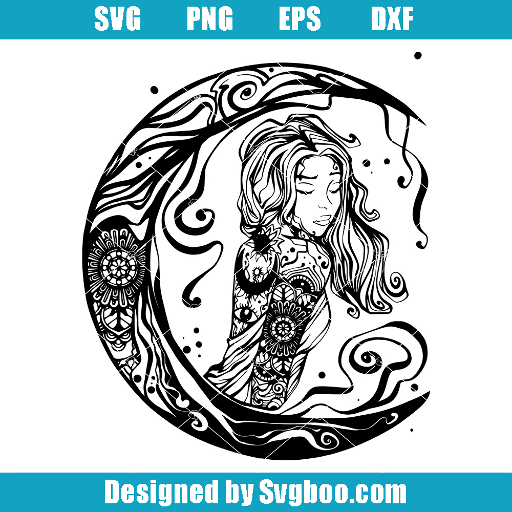 Magic Moon Mandala Svg, Woman Mandala Svg, Moon Zentangle Svg