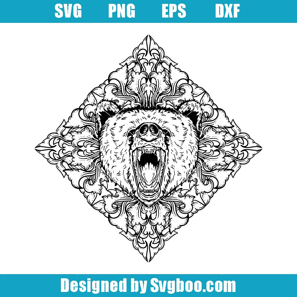 Bear Head In The Floral Wreath Svg, Bear Head Art, Fun Bear Svg Bear Head In The Floral Wreath Svg