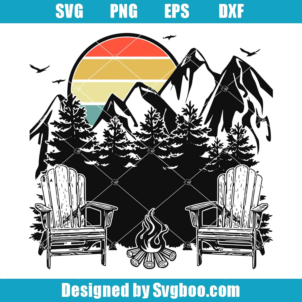 Adirondack Chairs Svg, Campfire Scene Svg, Forest Mountain Camping Svg Adirondack Chairs Svg