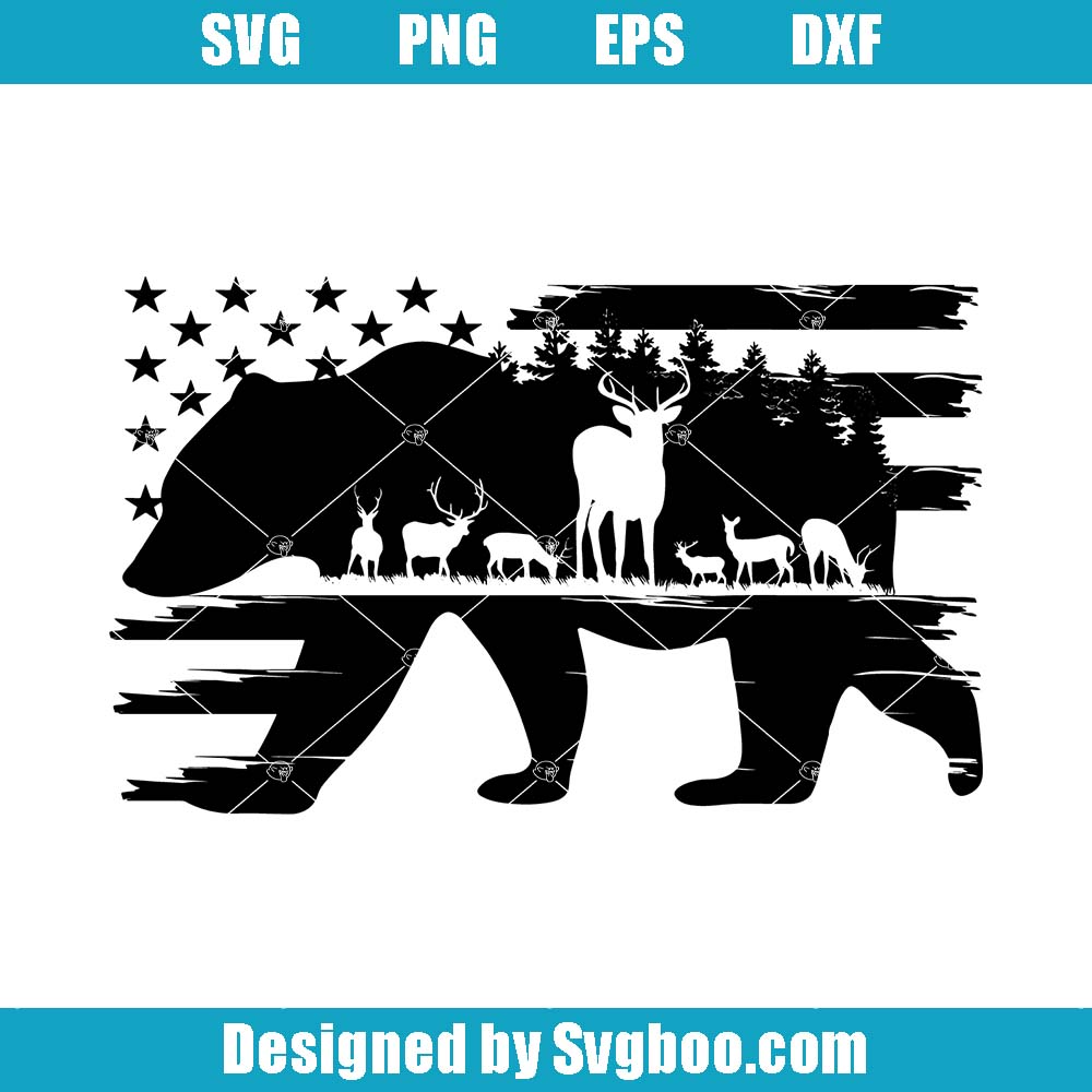 Bear In The Woods Svg, Bear American Flag Svg, Camping Silhouette Svg Bear In The Woods Svg