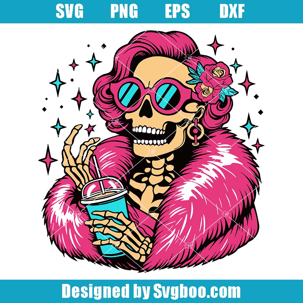 Funny Lady Skeleton Svg, Skeleton Holding Iced Coffee Cup Svg