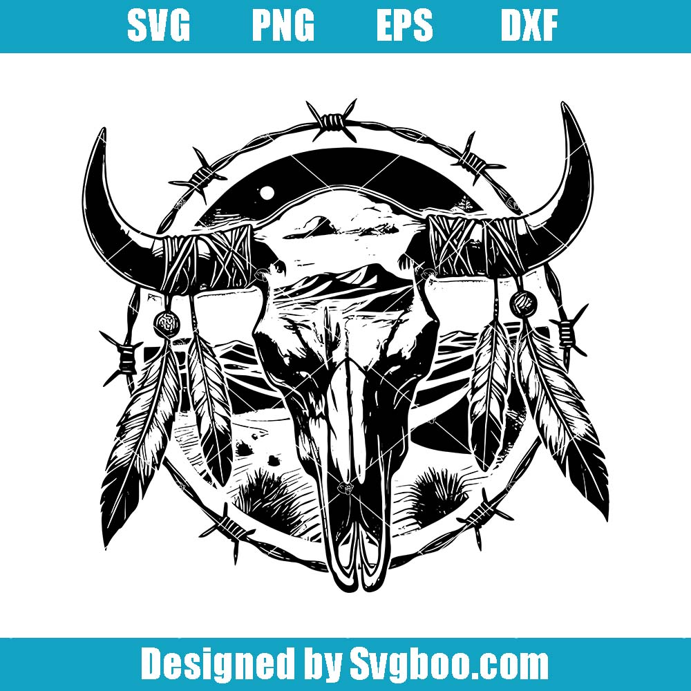 Cow Skull With Feathers Svg, Southwestern Art Svg, American Skull Svg