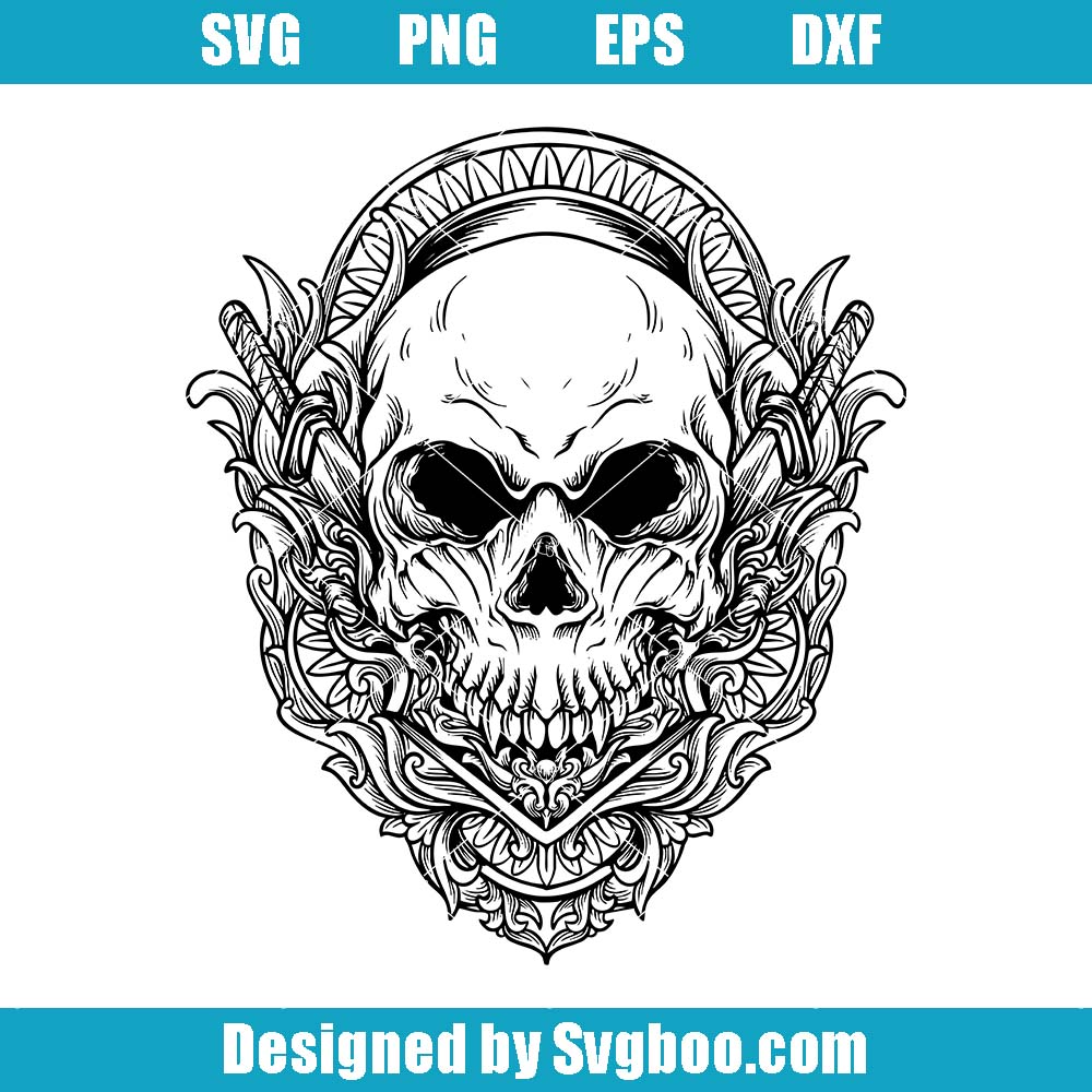 Monochrome Skull With Knifes Svg, Floral Skull Svg, Devil Skull Svg