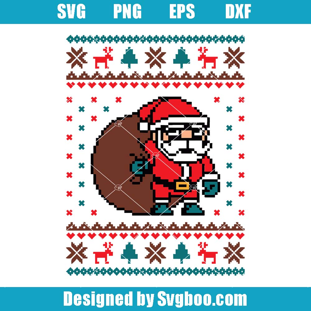 Santa With Gift Bag Svg, Ugly Christmas Svg, Pixel Santa Claus Svg