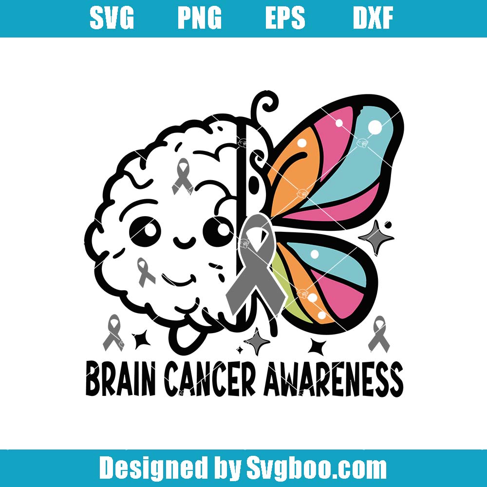 Brain Cancer Awareness Svg, Gray Ribbon With Butterfly Svg