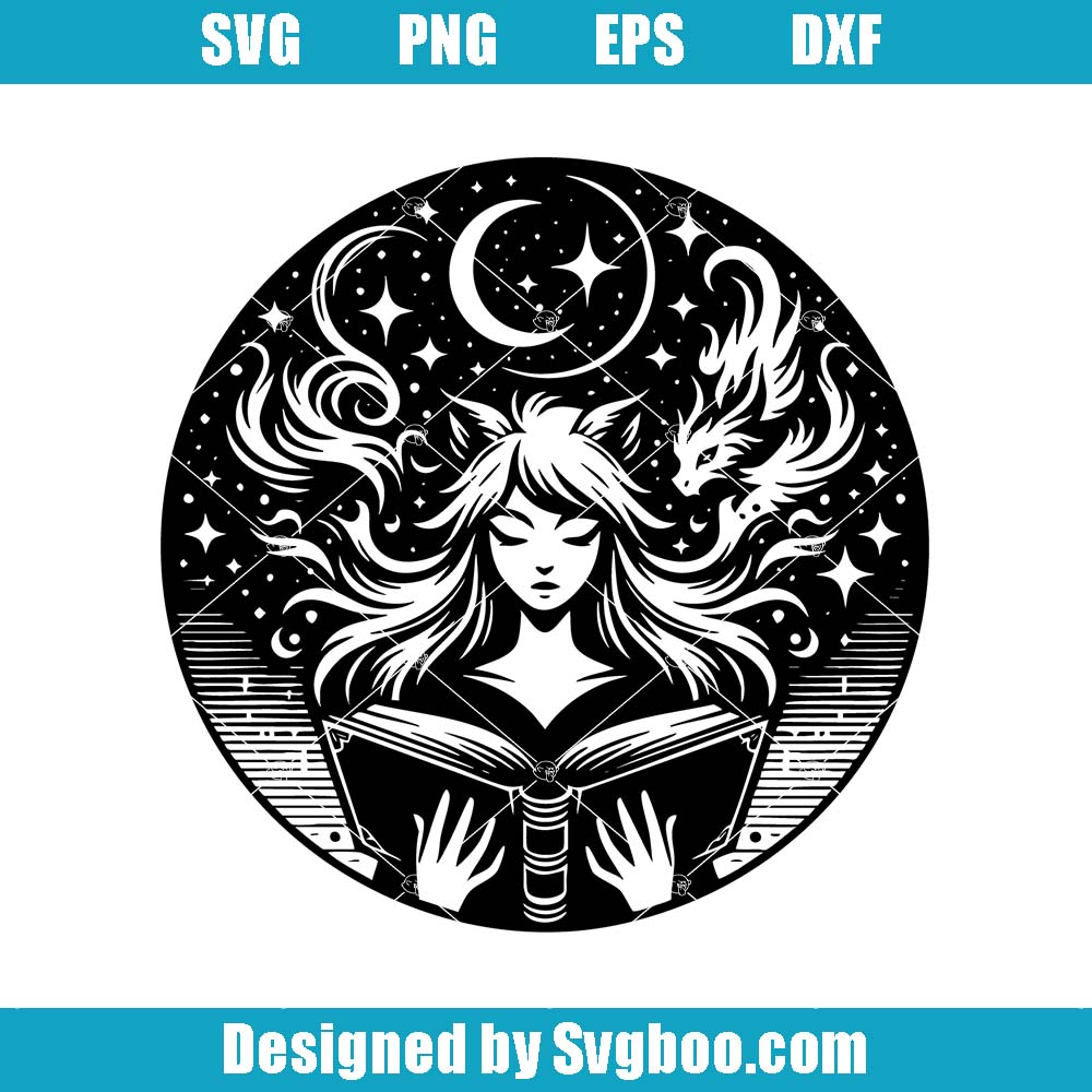 Dragon Reader Svg, Fantasy Readers Svg, Celestial Mystical Dragon Svg Dragon Reader Svg