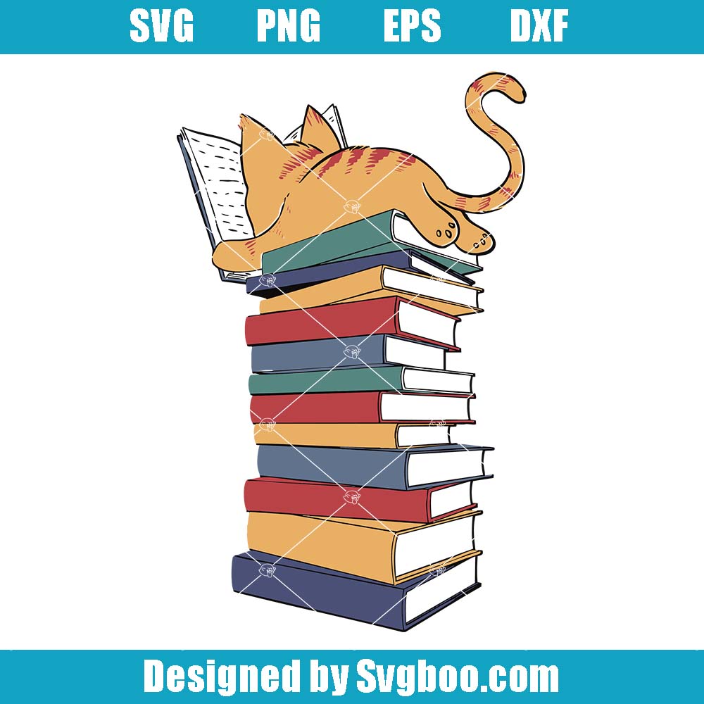 Books And Cat Svg, Reading Book Cat Svg, Book Lover Svg Books And Cat Svg