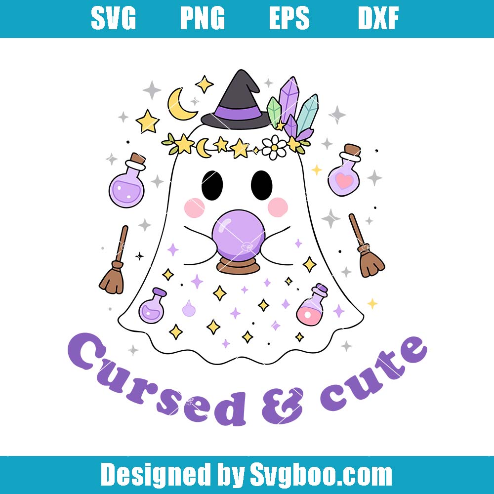 Cursed & Cute Ghost Svg, Kawaii Witchy Svg, Crystal Ball Spirit Svg