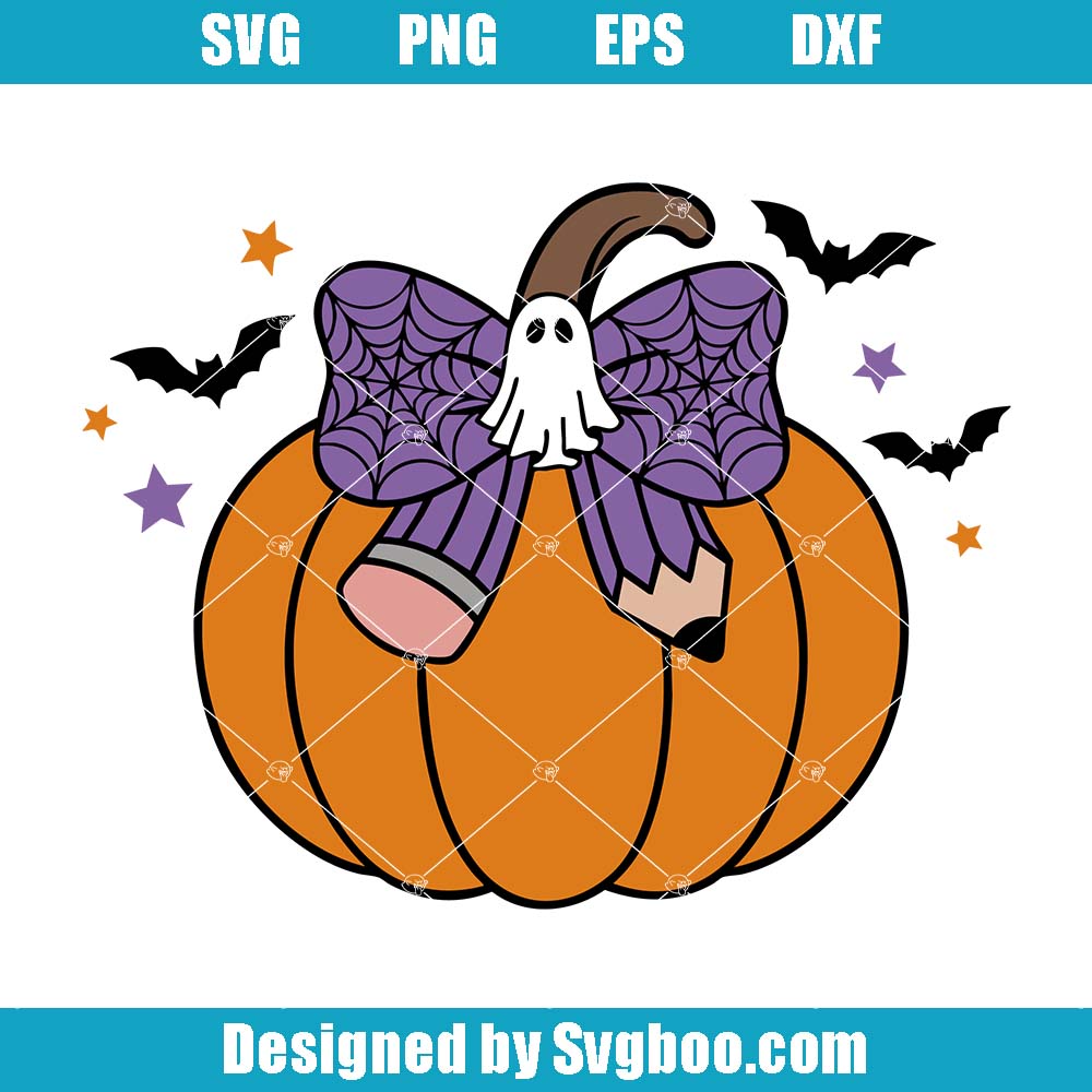 Halloween Pencil Bow Svg, Spooky Pumpkin Teacher Svg, Coquette Bow Svg
