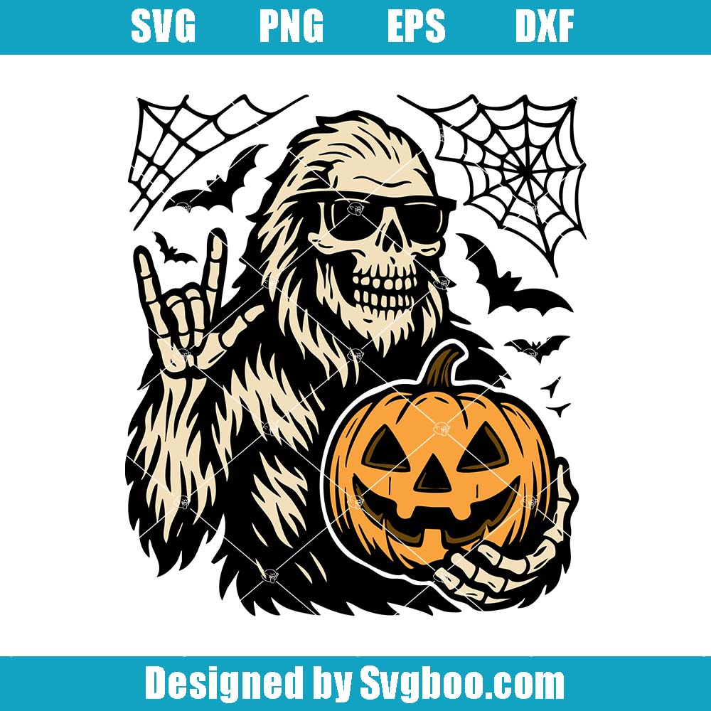 Bigfoot Skeleton Halloween Svg, Funny Sasquatch Rock On Hand Svg