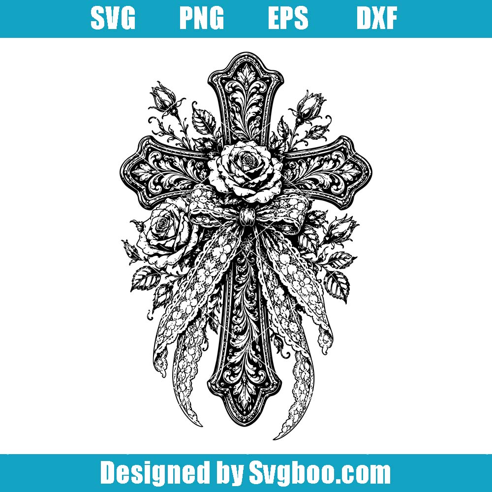 Western Cross Tooled Leather Svg, Bow & Lace Coquette Art Svg Western Cross Tooled Leather Svg