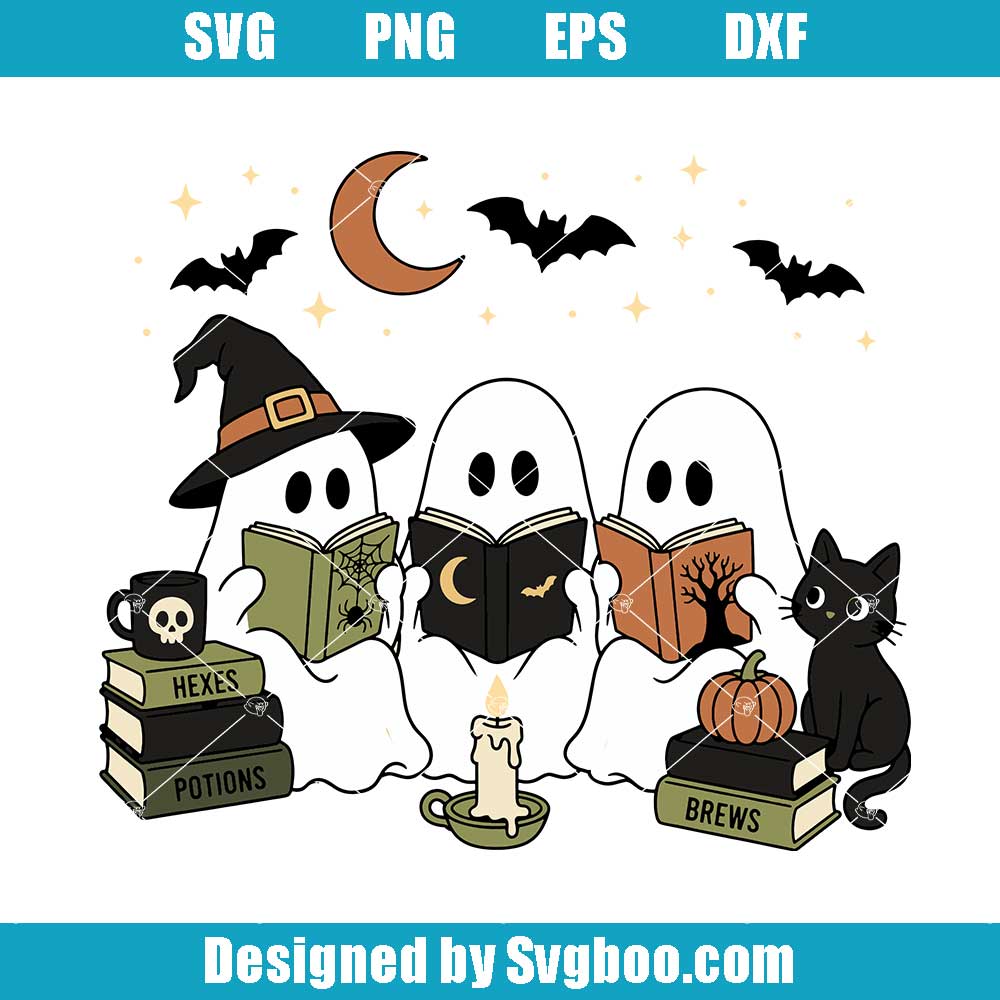 Reading Ghosts Halloween SVG Design - Spooky Cute Book Lover Cutfile Reading Ghosts Halloween SVG Design